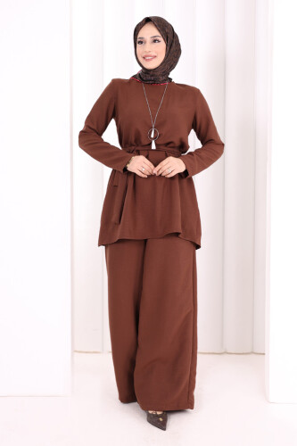 Kolyeli Tunik Pantolon Takım 8027 Kahverengi - 2