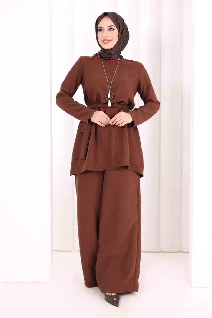 Kolyeli Tunik Pantolon Takım 8027 Kahverengi - 2