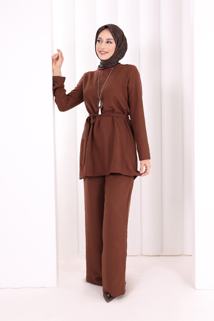 Kolyeli Tunik Pantolon Takım 8027 Kahverengi - 3