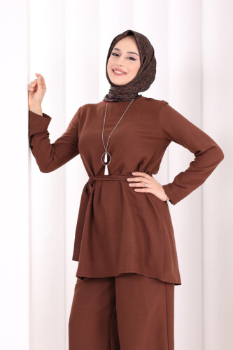 Kolyeli Tunik Pantolon Takım 8027 Kahverengi - 6