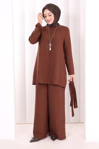 Kolyeli Tunik Pantolon Takım 8027 Kahverengi - 8