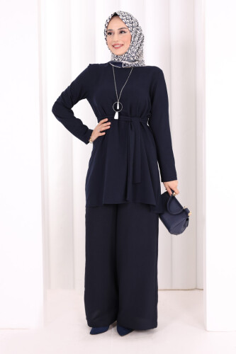 Kolyeli Tunik Pantolon Takım 8027 Lacivert - 2