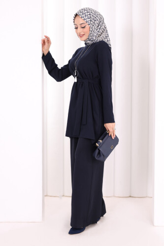 Kolyeli Tunik Pantolon Takım 8027 Lacivert - 3