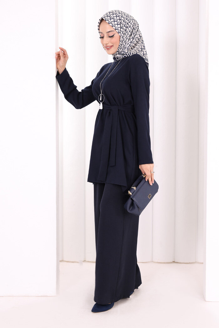 Kolyeli Tunik Pantolon Takım 8027 Lacivert - 3