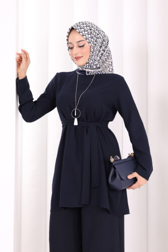 Kolyeli Tunik Pantolon Takım 8027 Lacivert - 5