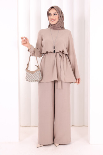 Kolyeli Tunik Pantolon Takım 8027 Vizon