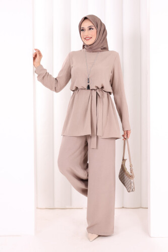 Kolyeli Tunik Pantolon Takım 8027 Vizon - 2
