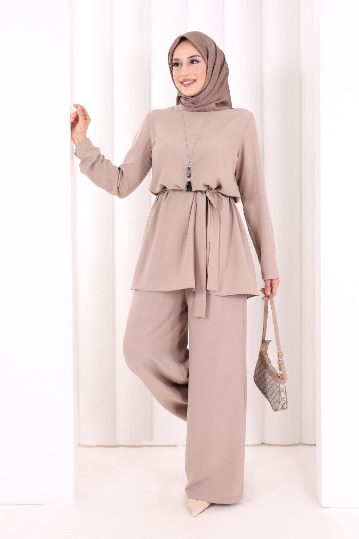 Kolyeli Tunik Pantolon Takım 8027 Vizon - 2