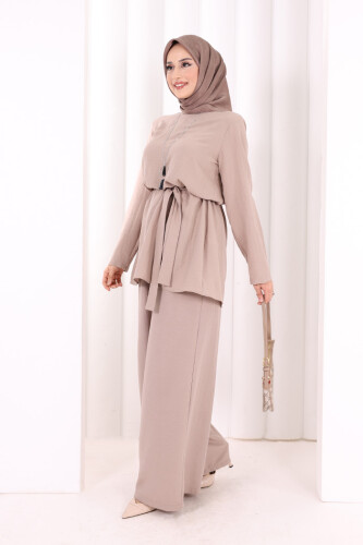 Kolyeli Tunik Pantolon Takım 8027 Vizon - 3