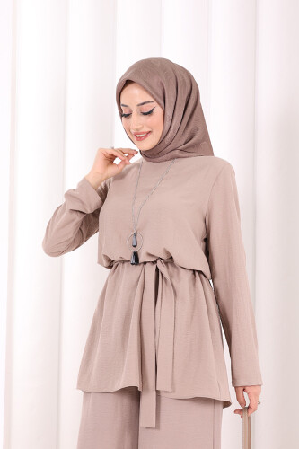 Kolyeli Tunik Pantolon Takım 8027 Vizon - 5