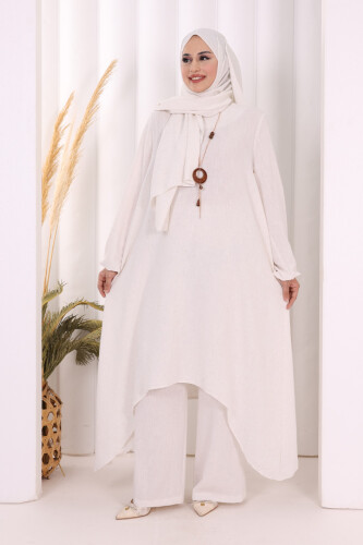 Kolyeli Tunik Pantolon Takım ŞAL HEDİYE! 8020 Ekru