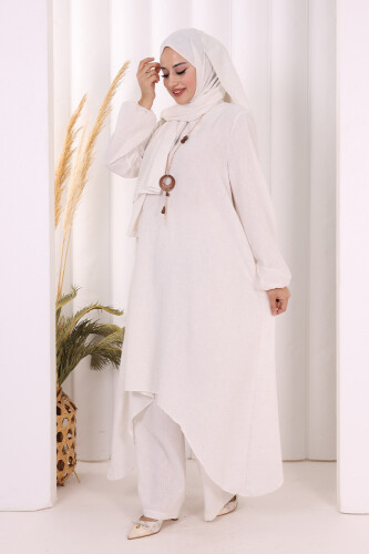 Kolyeli Tunik Pantolon Takım ŞAL HEDİYE! 8020 Ekru - 3