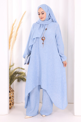 Kolyeli Tunik Pantolon Takım ŞAL HEDİYE! 8020 İndigo
