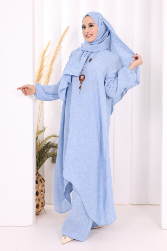 Kolyeli Tunik Pantolon Takım ŞAL HEDİYE! 8020 İndigo - 4