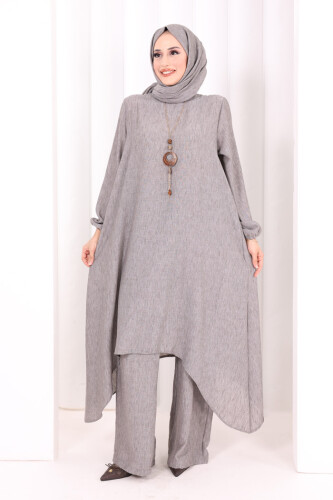 Kolyeli Tunik Pantolon Takım ŞAL HEDİYE! 8020 Melanj Kahverengi