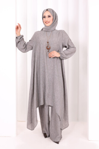 Kolyeli Tunik Pantolon Takım ŞAL HEDİYE! 8020 Melanj Kahverengi - 2
