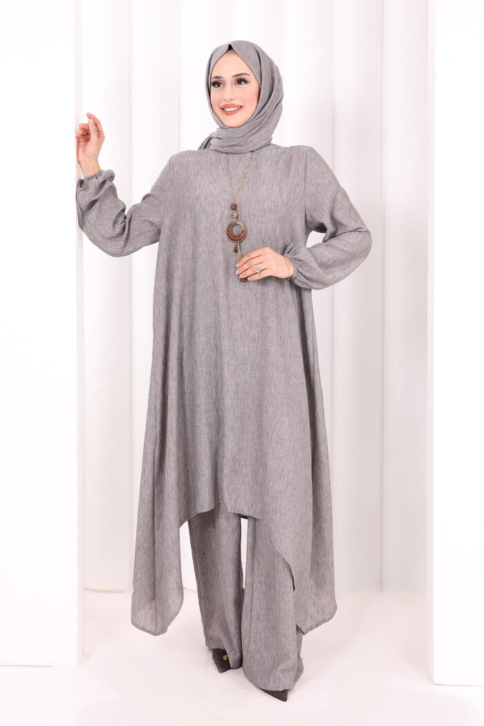 Kolyeli Tunik Pantolon Takım ŞAL HEDİYE! 8020 Melanj Kahverengi - 2