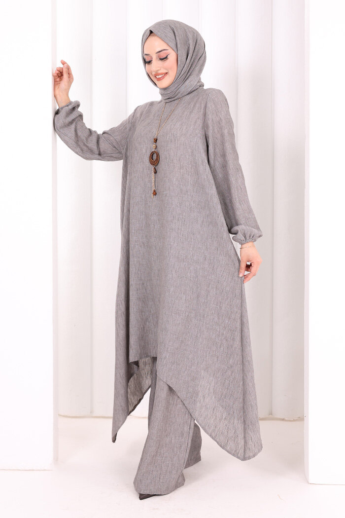 Kolyeli Tunik Pantolon Takım ŞAL HEDİYE! 8020 Melanj Kahverengi - 3