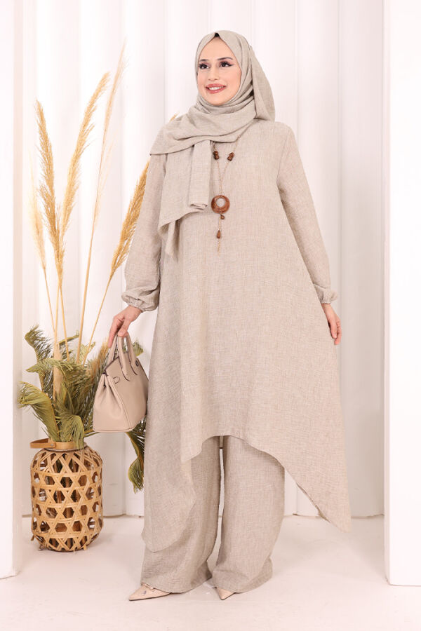 Kolyeli Tunik Pantolon Takım ŞAL HEDİYE! 8020 Vizon - 1