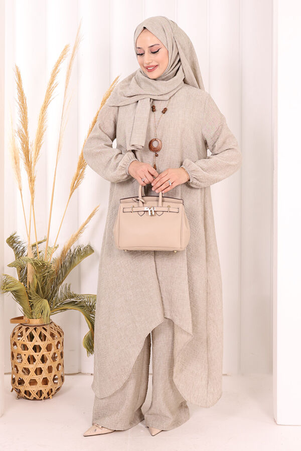 Kolyeli Tunik Pantolon Takım ŞAL HEDİYE! 8020 Vizon - 2