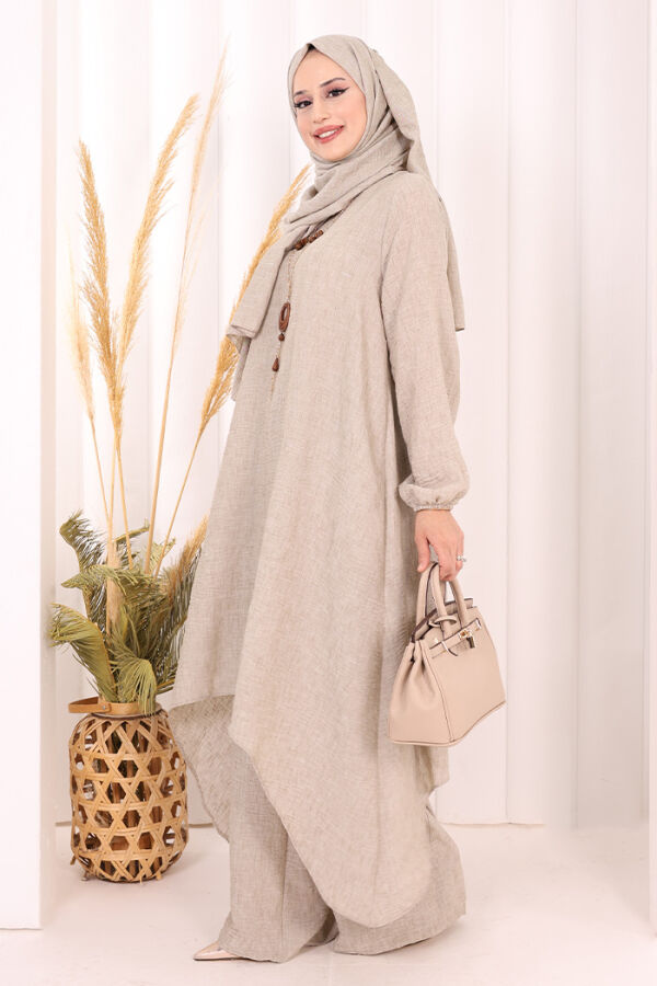 Kolyeli Tunik Pantolon Takım ŞAL HEDİYE! 8020 Vizon - 3