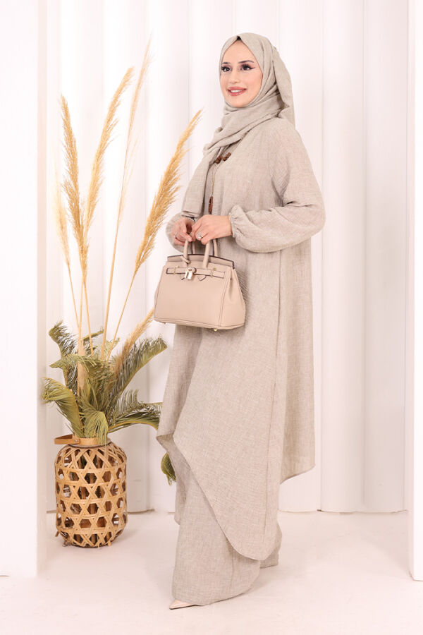 Kolyeli Tunik Pantolon Takım ŞAL HEDİYE! 8020 Vizon - 4