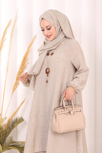 Kolyeli Tunik Pantolon Takım ŞAL HEDİYE! 8020 Vizon - 5