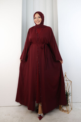 Kristal Taşlı Şallı Abaya 9205 Bordo
