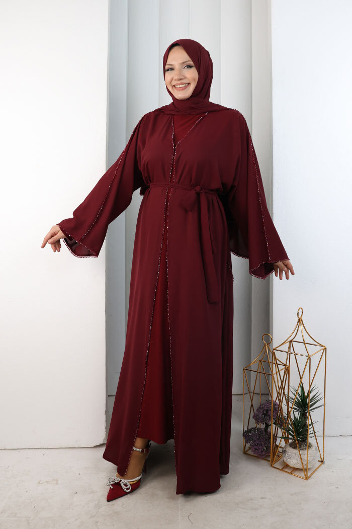 Kristal Taşlı Şallı Abaya 9205 Bordo - 2
