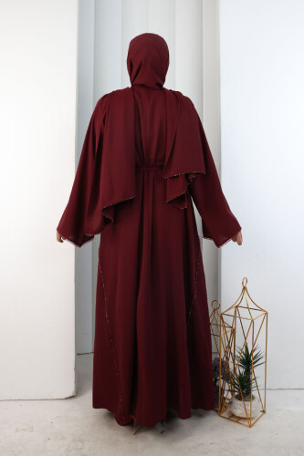 Kristal Taşlı Şallı Abaya 9205 Bordo - 3