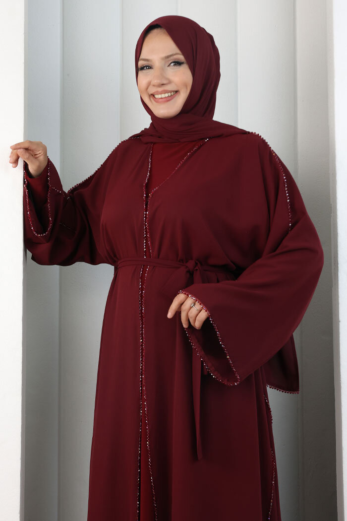 Kristal Taşlı Şallı Abaya 9205 Bordo - 4