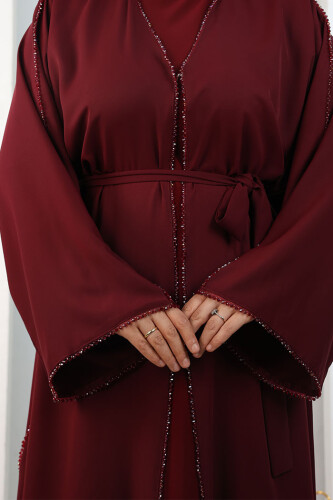 Kristal Taşlı Şallı Abaya 9205 Bordo - 5