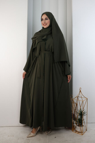 Kristal Taşlı Şallı Abaya 9205 Haki