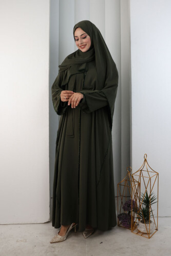 Kristal Taşlı Şallı Abaya 9205 Haki - 2