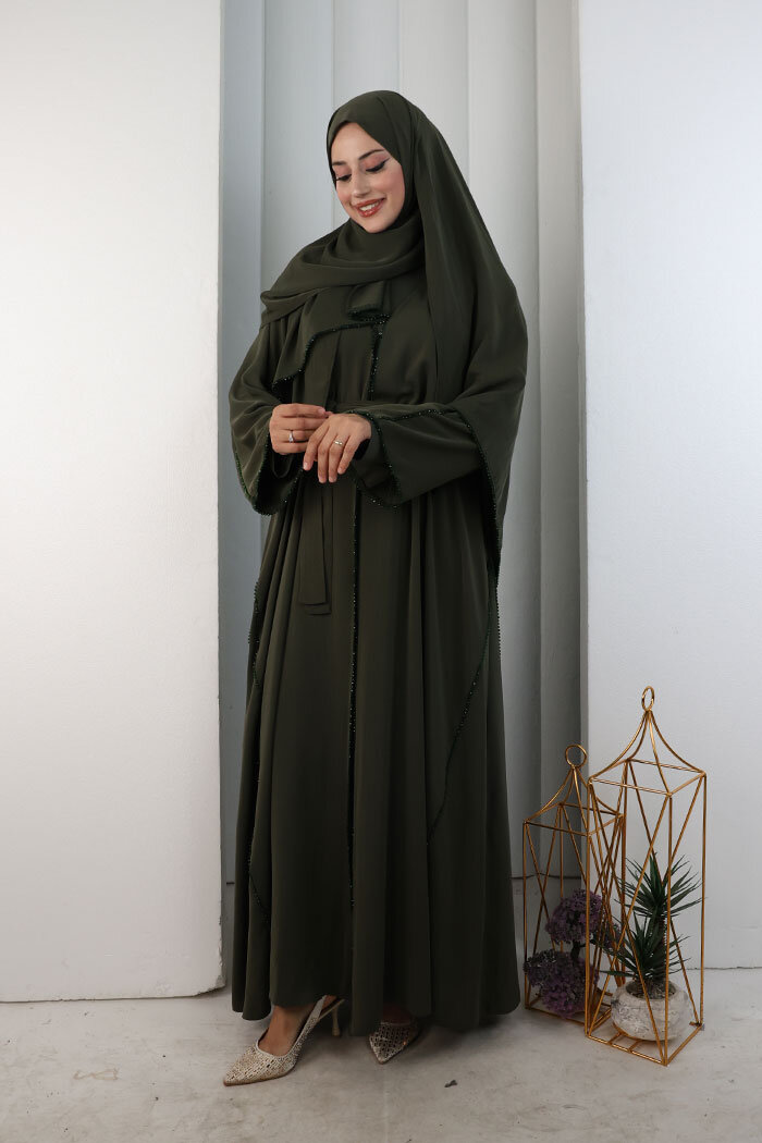 Kristal Taşlı Şallı Abaya 9205 Haki - 2