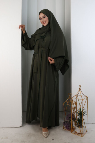 Kristal Taşlı Şallı Abaya 9205 Haki - 3