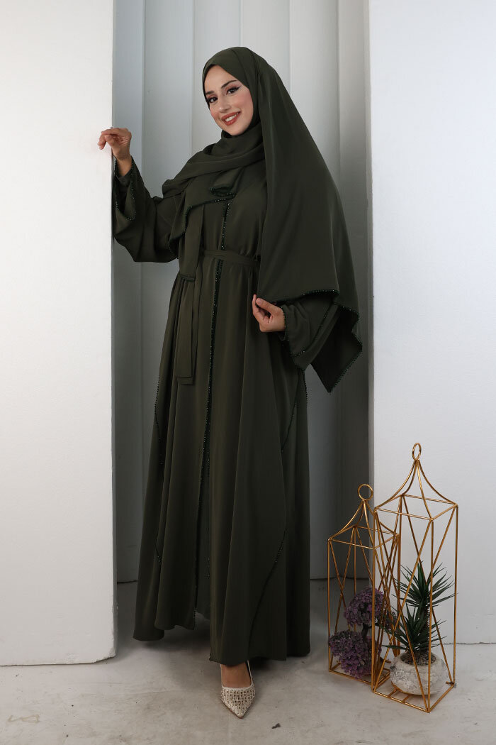 Kristal Taşlı Şallı Abaya 9205 Haki - 3