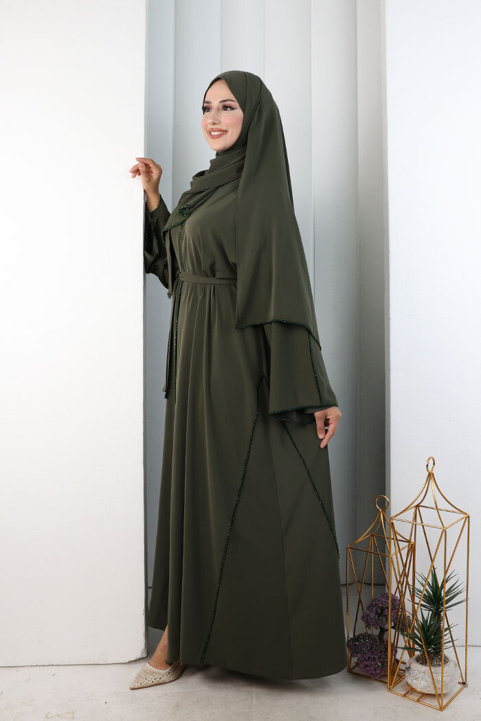Kristal Taşlı Şallı Abaya 9205 Haki - 4