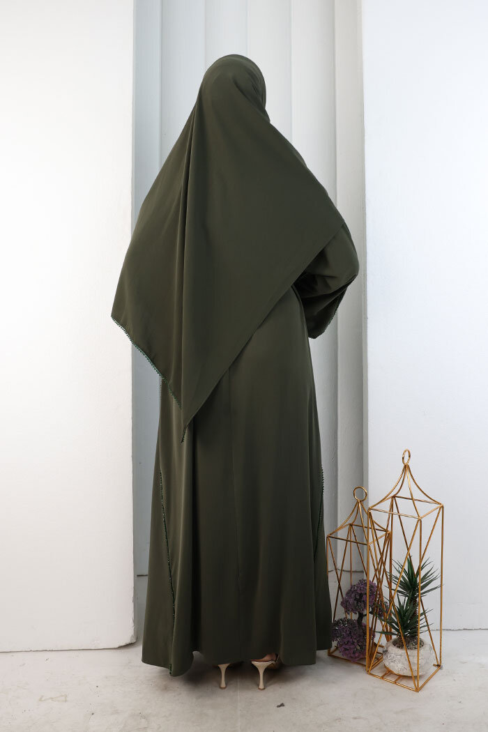 Kristal Taşlı Şallı Abaya 9205 Haki - 5