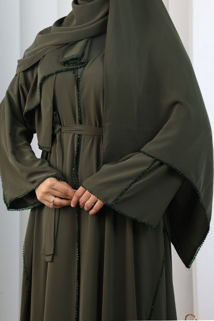 Kristal Taşlı Şallı Abaya 9205 Haki - 7