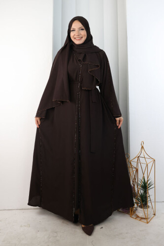 Kristal Taşlı Şallı Abaya 9205 Kahverengi
