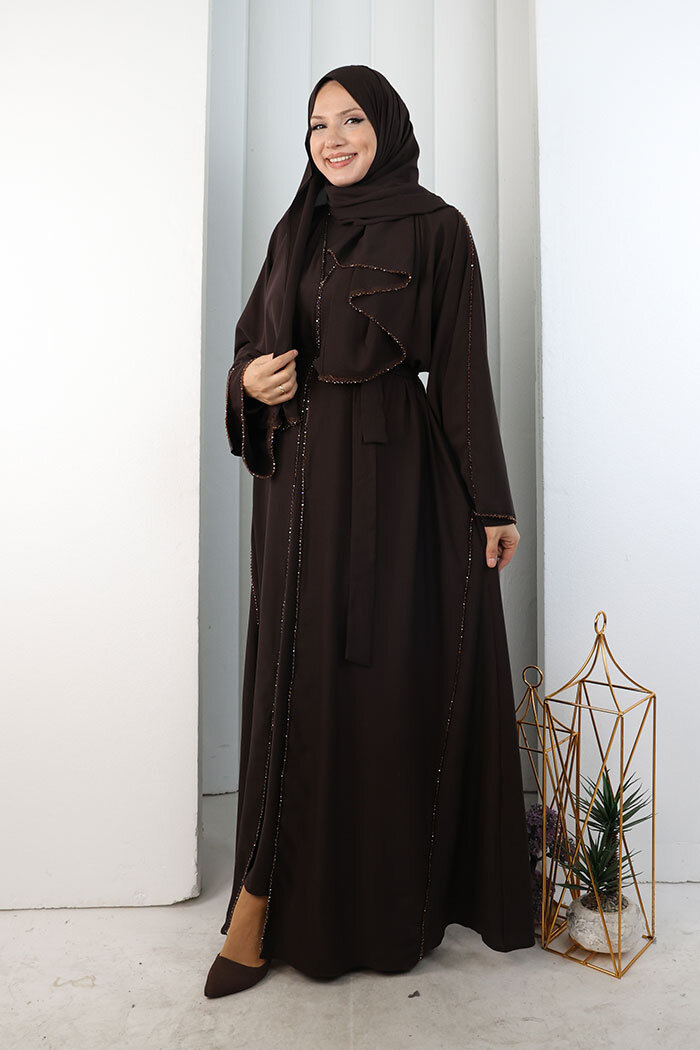 Kristal Taşlı Şallı Abaya 9205 Kahverengi - 2