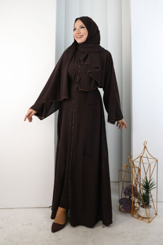 Kristal Taşlı Şallı Abaya 9205 Kahverengi - 3
