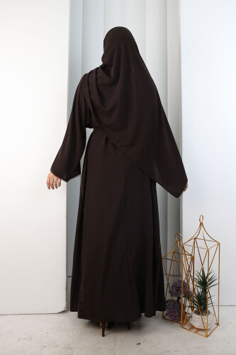 Kristal Taşlı Şallı Abaya 9205 Kahverengi - 4
