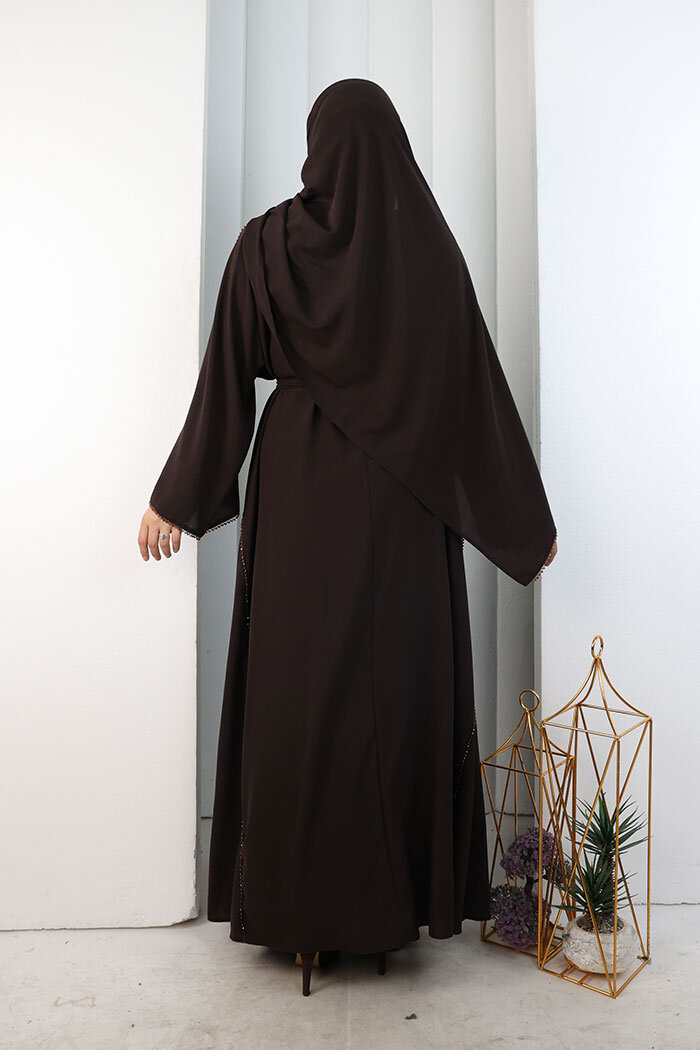 Kristal Taşlı Şallı Abaya 9205 Kahverengi - 4