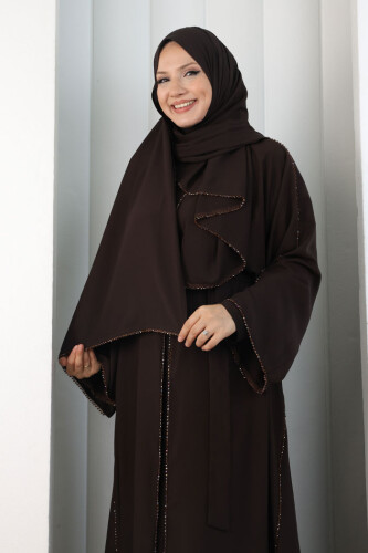 Kristal Taşlı Şallı Abaya 9205 Kahverengi - 5
