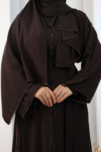 Kristal Taşlı Şallı Abaya 9205 Kahverengi - 6