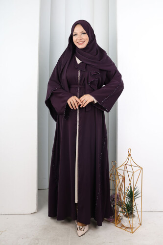 Kristal Taşlı Şallı Abaya 9205 Mor