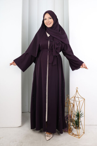 Kristal Taşlı Şallı Abaya 9205 Mor - 2