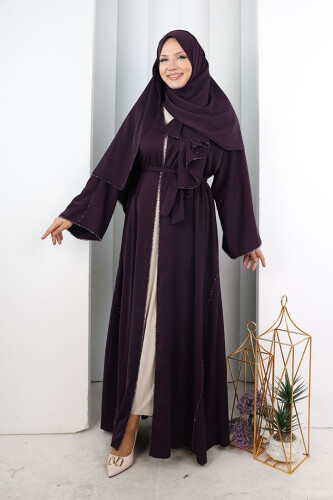 Kristal Taşlı Şallı Abaya 9205 Mor - 3